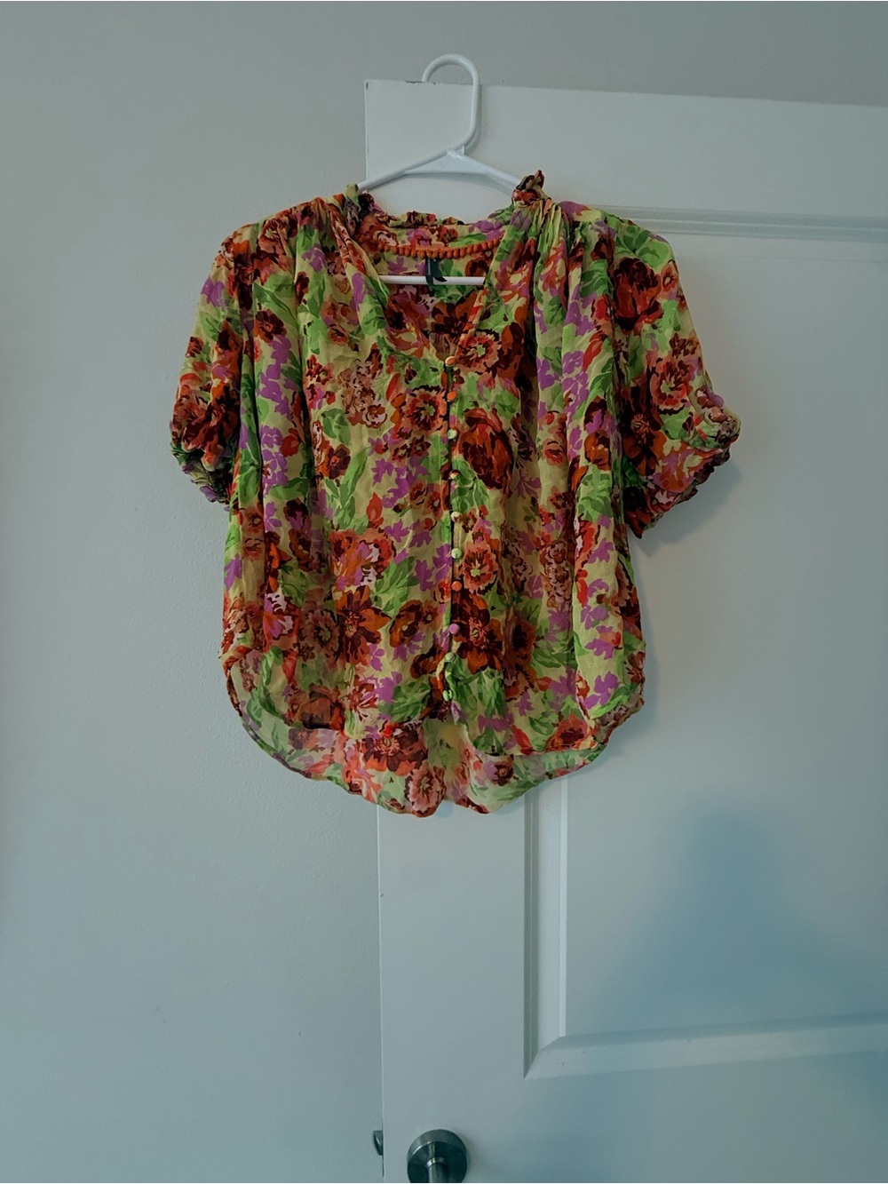 Anthropologie Vibrant Floral Puff-Sleeve Button Blouse — Green, Pink, Orange